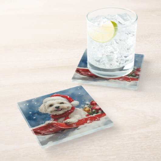 Coton De Tulear in Sledge Let it Snow Christmas Glasuntersetzer (Schrägansicht)