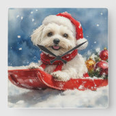 Coton De Tulear in Sledge Let it Snow Christmas Quadratische Wanduhr (Vorderseite)