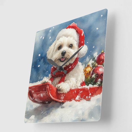 Coton De Tulear in Sledge Let it Snow Christmas Quadratische Wanduhr (Winkel)