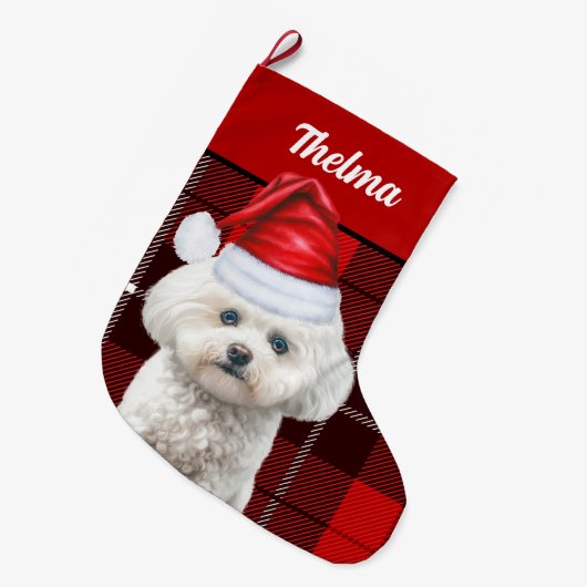 Coton de Tulear Red Kariert und Hunde Name Großer Weihnachtsstrumpf (Vorderansicht (hängend))