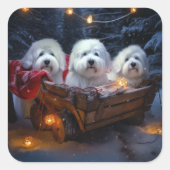 Coton De Tulear Snowy Sleigh Weihnachtsdekor Quadratischer Aufkleber (Vorderseite)