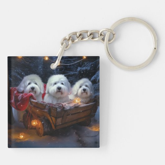 Coton De Tulear Snowy Sleigh Weihnachtsdekor Schlüsselanhänger (Rückseite)