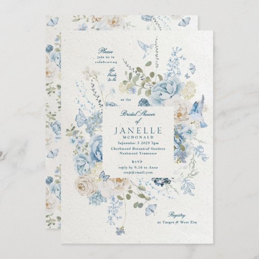 Cotswolds Blue Winter Florals Brautparty Einladung (Vorne/Hinten)