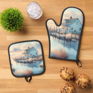 Cottage am Meer bei Sonnenaufgang Marsch Ofenhandschuh & Topflappen-Set