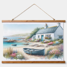 Cottage am Meer mit Ruderboot Wandteppich Mit Holzrahmen