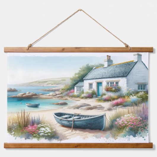 Cottage am Meer mit Ruderboot Wandteppich Mit Holzrahmen (Vorderseite 2)