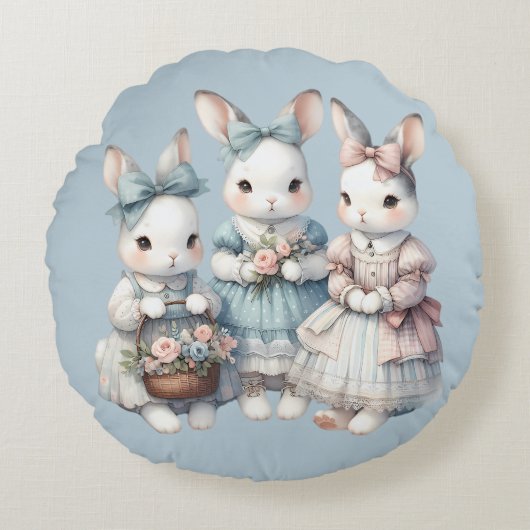 Cottage Bunny Sisters Watercolor Illustration Rundes Kissen (Vorderseite)