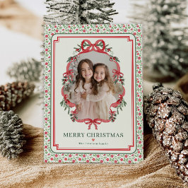 Cottage Chic Floral Red Bow Christmas Photo Feiertagskarte