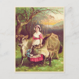 Cottage-Core-Bauer Frauen mit Kühen Wasserfarbe Postkarte