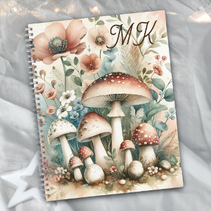 Cottage Core monogrammierte Pilze und Blumen Notizblock