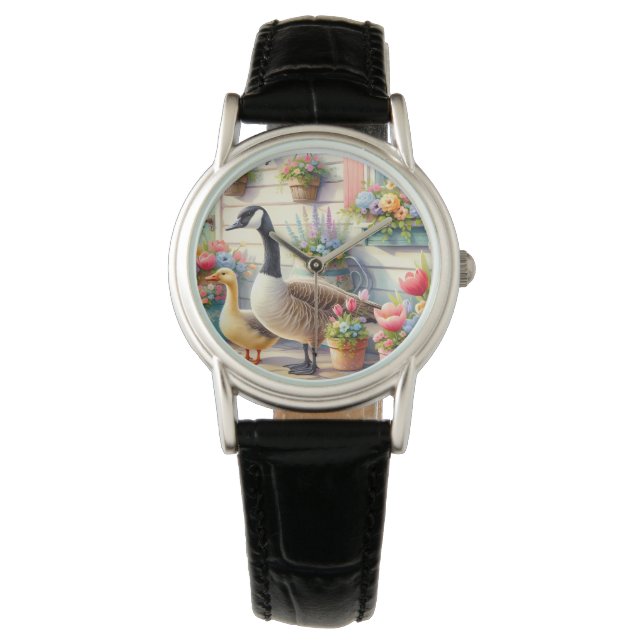Cottage Garden Geese Spring Illustration Armbanduhr (Vorderseite)
