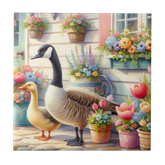 Cottage Garden Geese Spring Illustration Fliese (Vorderseite)