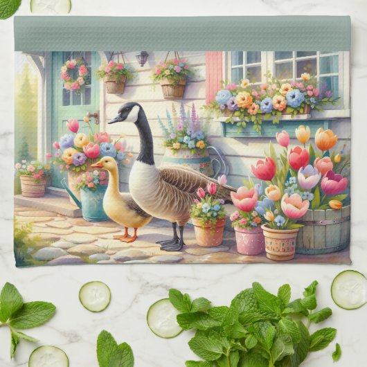 Cottage Garden Geese Spring Illustration Geschirrtuch (Gefaltet)