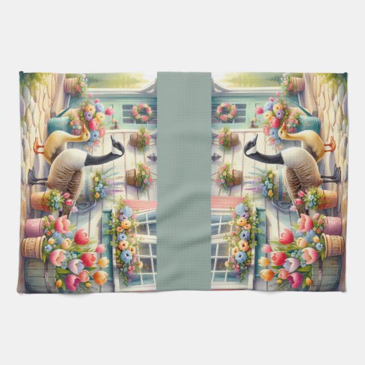 Cottage Garden Geese Spring Illustration Geschirrtuch (Horizontal)
