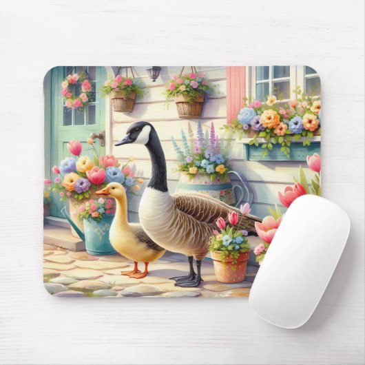 Cottage Garden Geese Spring Illustration Mousepad (Mit Mouse)