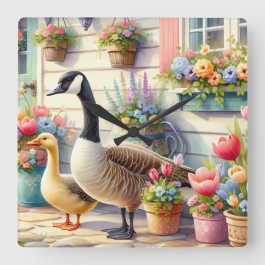 Cottage Garden Geese Spring Illustration Quadratische Wanduhr (Vorderseite)