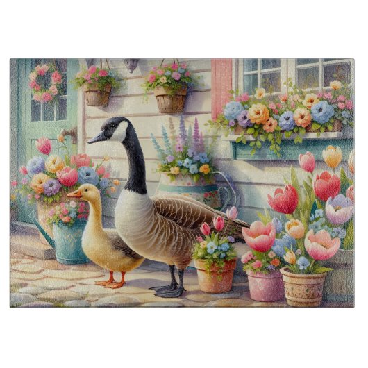 Cottage Garden Geese Spring Illustration Schneidebrett (Vorderseite)