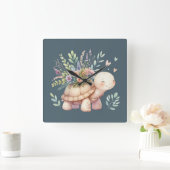 Cottage Garden Turtle Watercolor Quadratische Wanduhr (Zuhause)