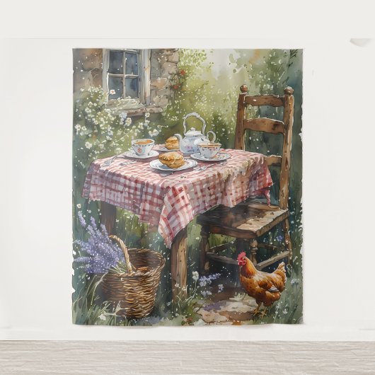Cottage-Garten-Teemorgen-Wasserfarbe Wandteppich (Vorderseite)