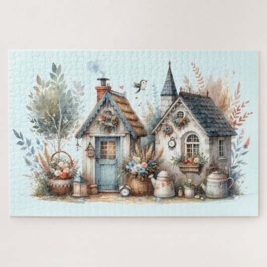 Cottage Haven Florale Häuser Illustration Puzzle (Horizontal)