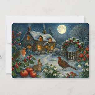 Cottage in einer schneebedeckten Winternacht unter Feiertagskarte