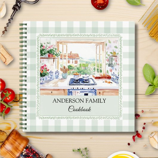 Cottage Kitchen Soft Green Gingham Family Recipe Notizblock