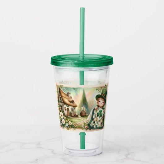 Cottage Leprechaun Patchwork Quilt Scene Acryltrinkbecher (Vorderseite)
