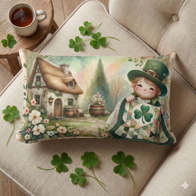 Cottage Leprechaun Patchwork Quilt Scene Lendenkissen (Cottage Leprechaun Patchwork Quilt Scene Lumbar Pillow Mockup A)