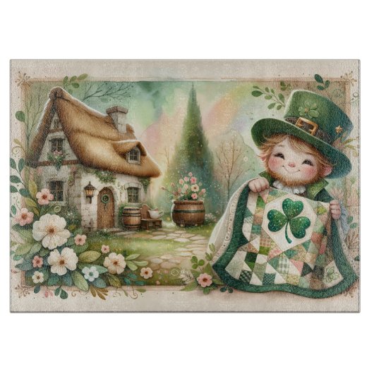 Cottage Leprechaun Patchwork Quilt Szene Schneidebrett (Vorderseite)