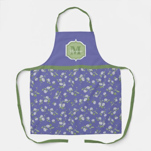 Cottage Style Periwinkle Floral Daisies Monogram Schürze (Vorderseite)