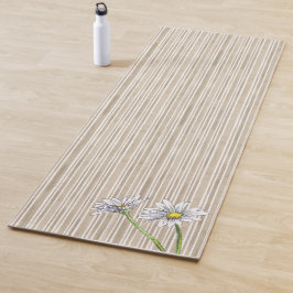 Cottage Taupe Striped Watercolor Daisy Yogamatte
