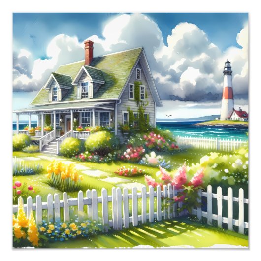 Cottage With View Of The Lighthouse Fotodruck (Vorne)