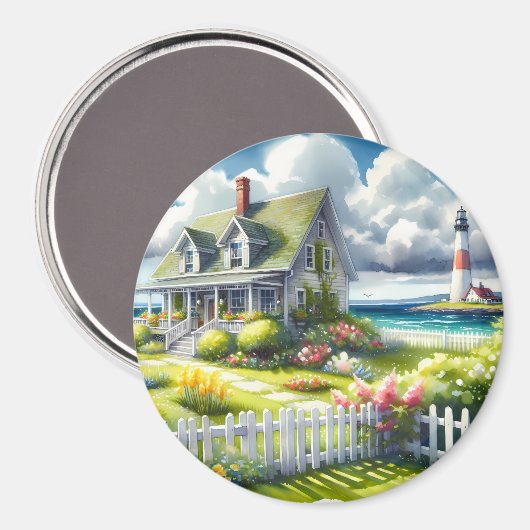 Cottage With View Of The Lighthouse Magnet (Vorderseite/Rückseite)