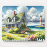 Cottage With View Of The Lighthouse Mousepad<br><div class="desc">A dreamy coastal cottagecore landscape filled with soft watercolor charm and breezy seaside tranquility. A welcoming seaside cottage sits among lush garden paths, blooming flowers, and a bright white picket fence, creating a warm storybook atmosphere. In the distance, a tall lighthouse rises beside sparkling blue ocean waves, adding a classic...</div>