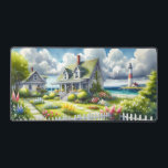 Cottage With View Of The Lighthouse Schreibtischunterlage<br><div class="desc">A dreamy coastal cottagecore landscape filled with soft watercolor charm and breezy seaside tranquility. A welcoming seaside cottage sits among lush garden paths, blooming flowers, and a bright white picket fence, creating a warm storybook atmosphere. In the distance, a tall lighthouse rises beside sparkling blue ocean waves, adding a classic...</div>