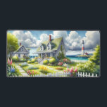 Cottage With View Of The Lighthouse Schreibtischunterlage<br><div class="desc">A dreamy coastal cottagecore landscape filled with soft watercolor charm and breezy seaside tranquility. A welcoming seaside cottage sits among lush garden paths, blooming flowers, and a bright white picket fence, creating a warm storybook atmosphere. In the distance, a tall lighthouse rises beside sparkling blue ocean waves, adding a classic...</div>