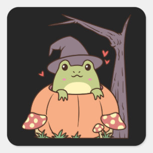 Cottagecore Aesthetic Frog with Witch Hat Quadratischer Aufkleber
