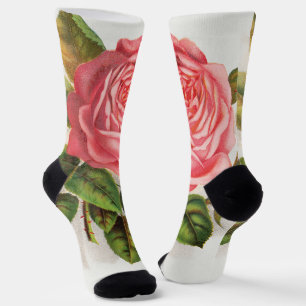 Cottagecore Antike Pink-Rosen-Blumenillustration Socken