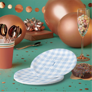 Cottagecore Babyblau Karo Geburtstag Pappteller