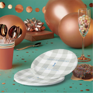 Cottagecore Babyblau Karo Geburtstag Pappteller
