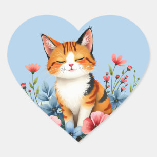 Cottagecore-Blumen-Katze Serene Feline Botanik Herz-Aufkleber