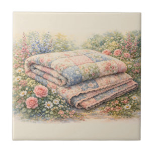 Cottagecore Blumen-Patchwork-Quilt Aquarell Fliese