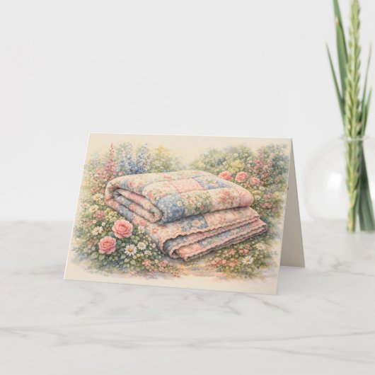 Cottagecore Blumen-Patchwork-Quilt Aquarell Karte (Vorderseite)
