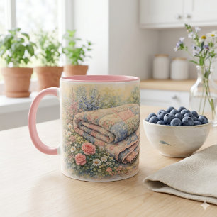 Cottagecore Blumen-Patchwork-Quilt Aquarell Tasse