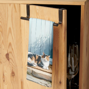 Cottagecore-Blumenveranda mit dreifarbiger Katze Geschirrtuch