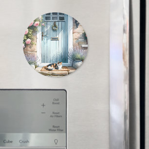 Cottagecore-Blumenveranda mit dreifarbiger Katze Magnet