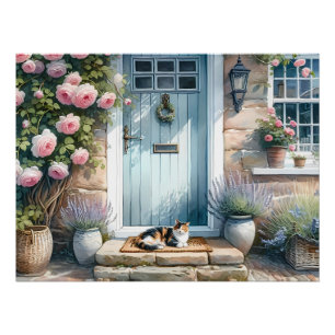 Cottagecore-Blumenveranda mit dreifarbiger Katze Poster
