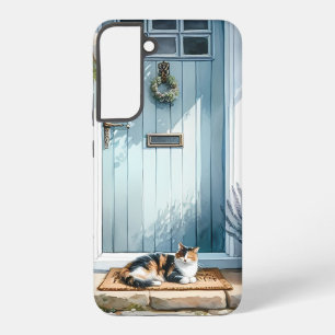 Cottagecore-Blumenveranda mit dreifarbiger Katze Samsung Galaxy Hülle
