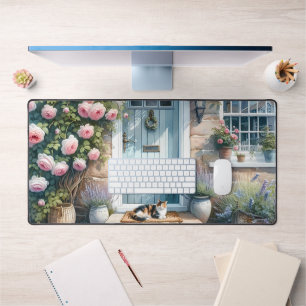 Cottagecore-Blumenveranda mit dreifarbiger Katze Schreibtischunterlage