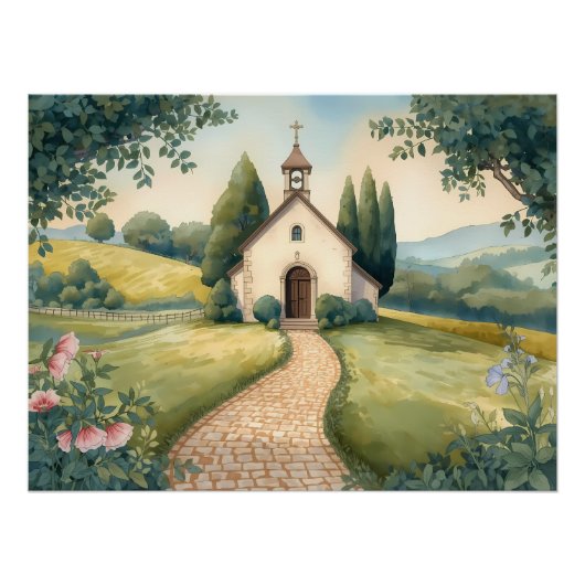 Cottagecore Chapel Path Pastel Landscape Poster (Vorderseite)